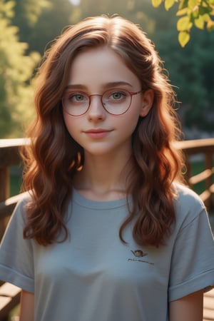 (Masterpiece), ultra_fotorealistic, detailed face, best quality, 8K, HDR, realism, realistic, film still, depth of field, casual photo, sunset, summer, a 15 year old cute tiny  girl, narrow face, narrow cheekbones, dark-brown hazel eyes, very long curly red hair, black  glasses, she wears a red shirt, a khaki baggy trousers, sketchers, she slenders over a pretty wooden bridge in a park, she is gently smiling, enioys the situation, in the centre of the picture, she is medium-size shot, full body shot, distance shot, taken from a distance, extreme_photorealistic