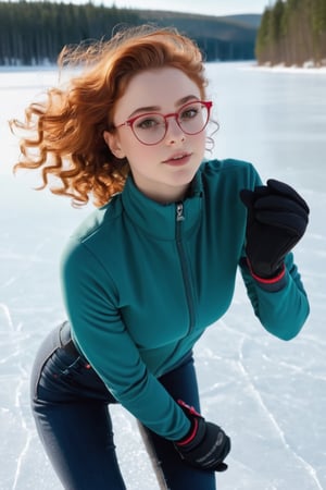 (Masterpiece), hyper_fotorealistic, best quality, UHD, 8K, a 18 year old cute tiny girl, narrow face, narrow cheekbones, narrow plucked eyebrows, modern red glasses, brown hazel eyes, less freckles around the nose, shoulderlength red curly hair with sidebangs, no parting, makeup,Ginger,girl1-do,Makeup,BREAK, swearing a red down jacket and a tight blue jeans, dark-grey Ice skating boots, black winter gloves, she is skating with run-up directly in an ice hole on the frozen lake