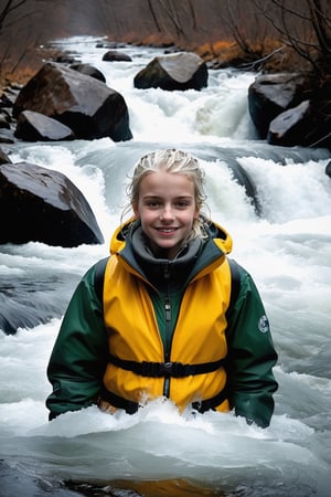 Winter,snow, ice covered stones in the meltwater river, the head of an 19 year old, cute tiny girl, visible only from up to her chin, in the middle of the whitewater, soaking wet, wet face, wet platinum blonde  hair, she wears a wide ,heavy of wetness, wet yellow fleece with open zipper, mostly submerged, her arms outstretched, tempting the observer, huge splashes, she is cold-reddened, but  enjoys the cold, a brave lucky smile, only her head is above the raging, splashing torrent whitewater, full body shot