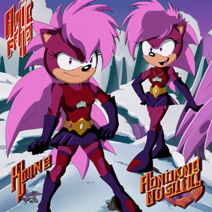 best quality, (masterpiece),(ultra-detailed), (high quality), (high resolution), soniathehedgehog, sonia, sonic \(series\), very tall, pink hair, furry male, animal ears, furry, body fur, animal nose, purple eyes, two-tone fur, elbow gloves, pink fur, short hair,  flat color, red shirt,black  skirt, purple hair, furry, necklace, belt,happy, 