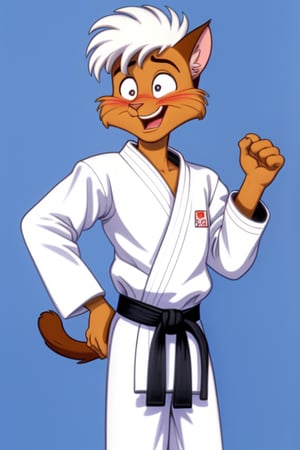 A 80s cartoon picture of a tall 19 year old anthropomorphic male brown feline with white hair named James wearing a karate outfit while acting very joyful and blushing.