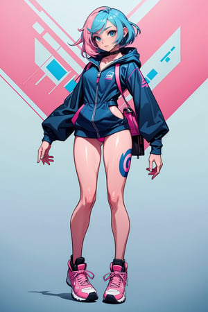 graffiStyle, casual outfit, vibrant, detailed, (woman, full body, solo: 1.5), 2D, very attractive, sport figure, abstract, masterpiece, high quality, , (blended pink and blue hair:1.3), splatoon colors