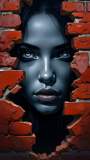 (masterpiece, high quality, 8K resolution), A unique graffiti-style image painted on a brick wall combines an optical illusion and a portrait. Drawn: part of the brick wall is destroyed and part of the face of an incredibly beautiful woman with demonic features is visible from behind the destroyed part. It should create the feeling that this is a passage between dimensions, on the other side of which the character of this graffiti awaits the average person. High detail emphasizes the mysticism of the composition. Excellent execution creates a fine line between temptation and horror.graffiStyle