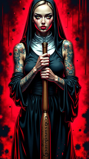 (masterpiece, high quality, 8K resolution), (masterpiece, high quality, 8K resolution), Sketch book style drawing with graffiti art elements. The center of the composition is a sinful nun dressed in a sleeveless Catholic robe. Her arms are covered in blackwork tattoos with religious patterns. Holds a bat with engraving Text: "God's blessing". The lighting is from behind the model with red neon tint. The lighting is from behind the model with red neon tint. A background have hell elements which underline a character's sinful. Bright lipstick accentuates the nun's beautiful face. Tarantino's Movie Style in Anime Performance, graffiStyle,