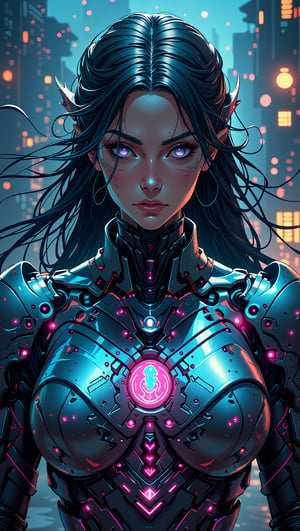 (masterpiece, high quality, 8K resolution),
Surreal fantasy picture that combine Norse mythology and futuristic style. We can see the Valkiria weared futuristic plate armor. The armor is made up of multiple titanium plates, joined together to create an intricate pattern similar on nordic runes dimly illuminated by a neon glow. She has beautiful runic tattoos on her face. The pattern of the armor refers to Scandinavian mythology. Hair flutters in the wind, the gaze is directed away from the camera lens. The background is futuristic Midgard. She is looking for those worthy to go to Valhalla. The illustration is imbued with pathos and epicness,Anime Style,futurediff, cyborg, robot