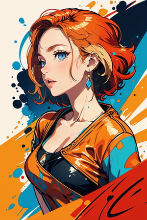 2D, (Margo Robbie, side view, solo: 1.5), casual outfit, vibrant, detailed, close up, very attractive, show tongue, sport figure, abstract, masterpiece, high quality, , (blended red and blonde hair:1.3), splatoon colors, dynamic pose, graffitiStyle,graffiStyle