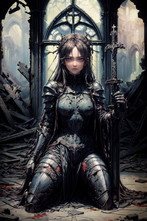 8k, ((best quality)), ((masterpiece)), high_res, anime style, (bilateral symmetry: 1.2), (medium full shot: 1.4)
1 girl, dark long hair, perfect body, beautiful face, stand on the kneel, leans on the sword, broken holy armor, empty hand
background, (ruin church),Soul_of_Cinder,nodf_lora