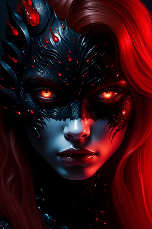 (masterpiece, the highest quality, ultra-high resolution).
Close-up portrait of a stunningly beautiful woman. Delightful and expressive eyes with a complex pattern on the irises, which makes her look hypnotically mesmerizing. Wavy red hair, reminiscent of a neon flame, gently touches her shoulders. A porcelain face mask of amazingly precise work, imitating an otherworldly creature, evoking a feeling of attraction and danger. Complex patterns on the mask refer to Japanese culture in the realities of the cyberpunk world. Dark neon background (black and red), made in a minimalist style, makes the picture an amazing mixture of cyber futurism and traditional culture. ct-cromstyle,crystalz,Crystal,Fantasy,Magic crystal,