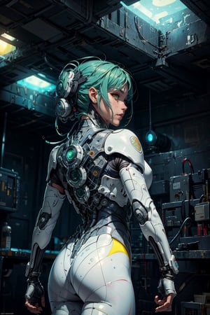 (masterpiece, best quality, official art), (extremely detailed CG unity 8k wallpaper, absurdres, 8k resolution), high quality, 8K, HDR, (retro-futuristic:1.5), 1girl, solo, green hair, perfect figure, below view,highres, ABSURDES