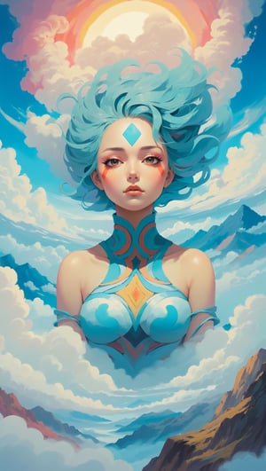 create abstract picture where mountain is a center of exposure and colorful clouds above mountain create a beautiful woman face. She is the guardian spirit of mountain, her face painted in primal style. Prevail soft colors, create inspire embience,ANIME