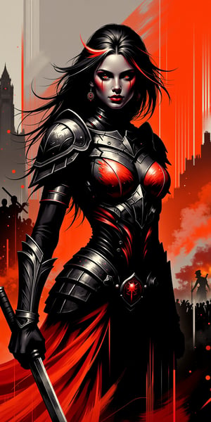 (masterpiece, high quality, 8K, high_res),
abstract, surreal, fantasy style, beautiful woman as the War,red eyes, high contrast pallete, black and orange colors prevail in the palette, armor outfit, very detailed, battlefield background, high definition, sharp focus,
Midjourney_Whisper