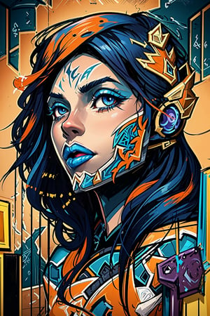 2D, (Zayra \League of Legend\, picture on the wall, solo: 1.5), casual outfit, vibrant, detailed, close up, very attractive, show tongue, sport figure, abstract, masterpiece, high quality, , (blended purple and orange and blue hair:1.3), bright blue eyes, splatoon colors, dynamic pose, graffitiStyle,
,graffiStyle