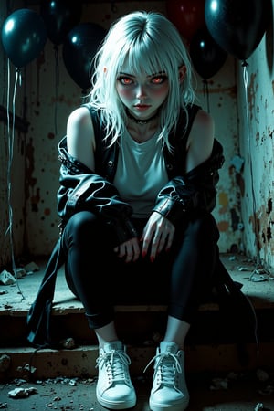 (masterpiece, high quality, 8K resolution). Beautiful anime illustration that combines professional photography in grunge style and a mystical thriller in cinematic style. A beautiful young girl with pale skin and platinum hair. Red eyes. Smeared makeup on her face. Dressed in a black leather jacket, a white sleeveless T-shirt, leather pants and white sneakers. The whole style is done in grunge style. Jewelry emphasizes the rebelliousness and special taste of the heroine. The girl looks around cautiously, conveying emotions of anxiety and fear. The action takes place in an abandoned house filled with black balloons. The atmosphere is mystical and mysterious, causing chills on the skin. The detail of the image is amazing, as if we are looking at a frame from a big-budget movie.,REALNIME,aidmaabdhr