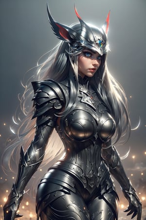 (masterpiece, top quality, best quality, mature content, beautiful and aesthetic:, high definition), in full view, stay, melancholy attitude, vampire woman, 25 years old, grey hair, fancy room, beautiful face, earring, (full armor \black and red\), hold helmet, high heels,horror,girl, (dark_wings \back\), two hands,DonMSt33lM4g1c, open_face, ff14bg