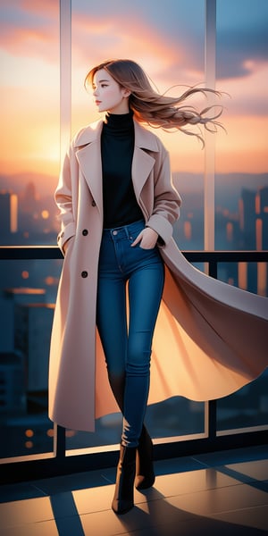 let's create a magnificent picture about a breathtakingly beautiful young woman, soft pink long hair braided, long light brown coat, dark cashmere turtleneck, fashionable jeans, long black boots, cityscape, sunset, natural light, wind,