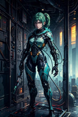 (masterpiece, best quality, official art), (extremely detailed CG unity 8k wallpaper, absurdres, 8k resolution), high quality, 8K, HDR, (retro-futuristic:1.5), 1girl, solo, green hair, perfect figure, below view