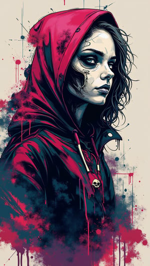 (masterpiece, high quality, 8K resolution),((painted with spray paint)), sketch book style, abstact artwork, wallpaper, graffiti, vibrant, intricate color combinated, surreal ultra detailed illustration, imagine thehorseman of death in the face of a beautiful girl, She dressed long hoodie with ornament in the form of bones, modern setting, incompatible elements, pictured by Haring Keith, inspired by mythology and dark fantasy styl, graffiStyle,