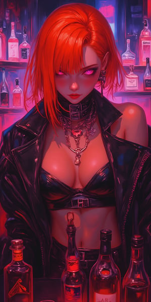 (masterpiece, the highest quality, ultra-high resolution).
Hideaki Anno drawing style, flat illustration, medium shot, the character's calling card with dynamic pose, the most pathos image. Cyberpunk action.
An incredibly beautiful young woman with orange hair in the role of an Information trader,Dressed in club urban clothes with lots of jewelry. The clothes are revealing, emphasizing the character's magnificent figure. The confident and arrogant gaze of the pink-hued cybernetic pupils seems to have been created to look down on the interlocutor. VIP room of a luxury night club. In front of the heroine there is a table with bottles of alcohol and a pistol.
Incredibly beautiful drawing, perfectly executed down to the smallest detail.,Flat Anime Niji Style,futuremadness