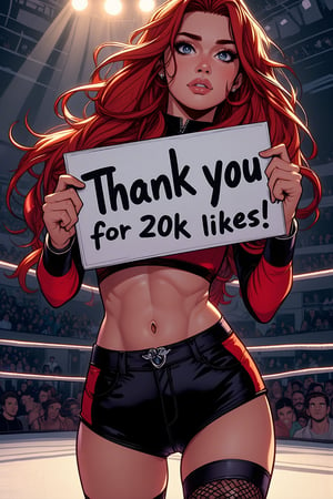 A stunningly beautiful girl with red hair as a ring girl. The revealing outfit emphasizes her natural beauty and stunning figure. Under the spotlight, all attention is focused on her alone, as if there is nothing else around. In her hands, she carries a sign with text in italics: "Thank you for 20k likes!" Exceptional attention to detail, each element of the illustration is verified to perfection. High resolution allows you to see even the smallest elements of the composition. A natural mix of anime style and realism.FLUX comics style,Anime Style