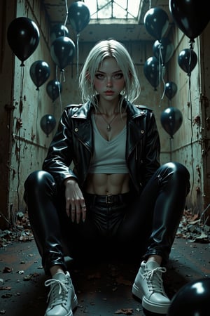 (masterpiece, high quality, 8K resolution). Beautiful anime illustration that combines professional photography in grunge style and a mystical thriller in cinematic style. A beautiful young woman with pale skin and platinum hair. Red eyes. Smeared makeup on her face. Dressed in a black leather jacket, a white sleeveless T-shirt, leather pants and white sneakers. The whole style is done in grunge style. Jewelry emphasizes the rebelliousness and special taste of the heroine. The girl looks around cautiously, conveying emotions of anxiety and fear. The action takes place in an abandoned house filled with black balloons. The atmosphere is mystical and mysterious, causing chills on the skin. The detail of the image is amazing, as if we are looking at a frame from a big-budget movie.,REALNIME,aidmaabdhr