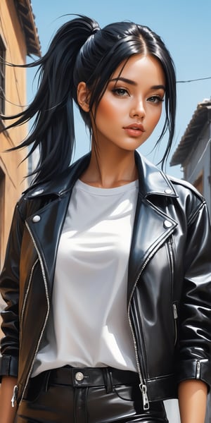 masterpiece, high quality, ultra detailed, sharp focus, breathtakingly beautiful woman as a center of composition, black ponytail, straight parting, symmetrical styling, oversized leather jacket, fashion tshirt. leather miniskirt, high leather boots, urban style background, ultra detailed background, picture should be done in handpainted style /merge drawing techniques of pencils, ink and aerosol colors/, trending on social media and fashion magazines, from below, posing, fashion grunge photoshot style,score_9,score_8_up,score_7_up,score_6_up,score_5_up,score_4_up,source_anime,niji5