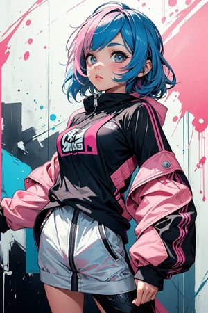 graffiStyle, street art, casual outfit, vibrant, urban, detailed, tag, mural, (1girl solo: 1.5), 2D, very attractive, sport figure, abstract, masterpiece, high quality, , (blended pink and blue hair:1.3), splatoon colors