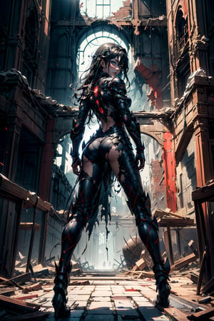 8k, ((best quality)), ((masterpiece)), high_res, anime style, (from behind: 1.2), (medium full shot: 1.4), upper body
1 girl, dark long hair, perfect body, beautiful face, stand on feets, broken armor, empty hand
background, (ruin throne room),nodf_lora,highres