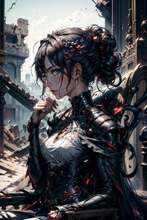 8k, ((best quality)), ((masterpiece)), high_res, anime style, (side view: 1.2), (full shot: 1.4), upper body
1 girl, dark long hair, perfect body, beautiful face, sit on the throne, broken armor, empty hand
background, (ruin throne room),nodf_lora,highres