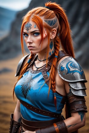 Beautiful barbarian woman. She is wearing leather full armor without helmet. She has long orange hair and ponytail, bright blue eyes and breathtaking beautiful face.  Left sleeve is cut off, Her left hand has tribe tattoo. Her melancholy face is stained with drops of blood. She look at viewer,rmspdvrs,onarmor,meatshield