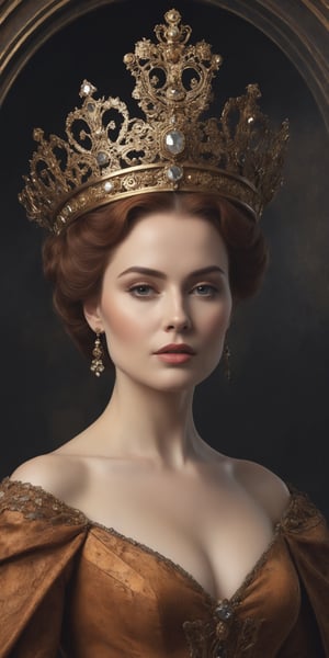 (masterpiece, high quality, 8K, high_res), let's create a modern version of beautfiul woman as the Queen of Rust Kingdom, elegant, abstract, beauty and high aesthetic, surreal, post modern, portrait, point of view, merge victorian style and gothic embience