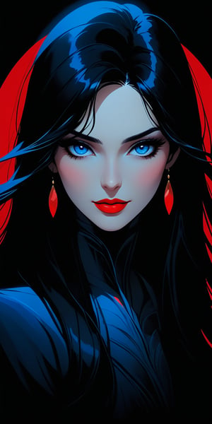 portrait of the incredibly beautiful woman, long straight black hair with parting in the middle, bright make up /red lipstick, black eyeshadows/, bright blue eyes, arrogance smirk, european facial features, comes out of a completely dark gateway illuminated only by moonlight, mystic embience, thriller, horror, dark palette,ghibli,Flat vector art,Vector illustration