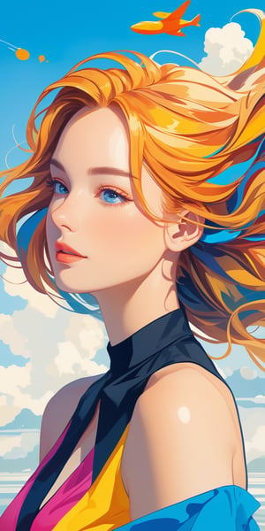 (masterpiece, high quality, 8K, high_res), abtract picture, summer mood, lightness and fun, portrait of side view, incredibly beautiful young woman, ginger hair, dress associated with summer, surreal background, symbolism, bright and colorful, excellent colors combinated, merge the brightness and acrtuality of pop art style and the semantic load of postmodernism