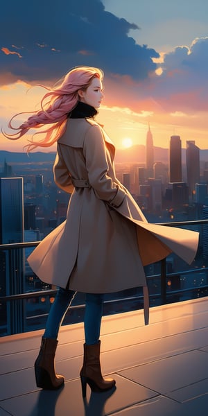 let's create a magnificent picture about a breathtakingly beautiful young woman, soft pink long hair braided, long light brown coat, dark cashmere turtleneck, fashionable jeans, long black boots, cityscape, sunset, natural light, wind,
