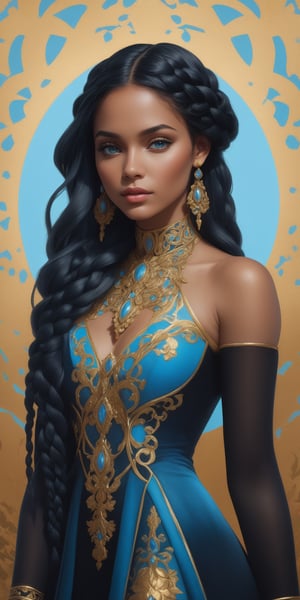masterpiece, high quality, artwork, surrealism, abstract, absurdes, (full-body_portrait of beautiful woman:1.5), black hair, braids, blue eyes, black dress with gold intricate ornament, pastel colors, oil painted, atrgerm, trending on ArtStation 