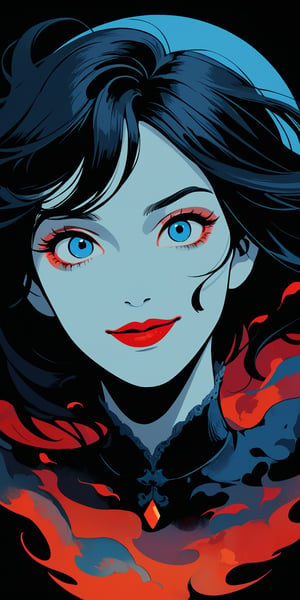 portrait of the incredibly beautiful woman, long straight black hair with parting in the middle, bright make up /red lipstick, black eyeshadows/, bright blue eyes, arrogance smirk, european facial features, comes out of a completely dark gateway illuminated only by moonlight, mystic embience, thriller, horror, dark palette,ghibli,Flat vector art