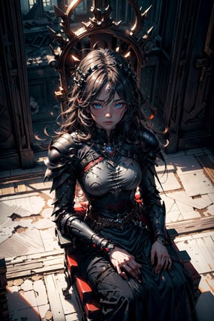 8k, ((best quality)), ((masterpiece)), high_res, anime style, (from above: 1.2), (full shot: 1.4), upper body
1 girl, dark long hair, perfect body, beautiful face, sit on the throne, broken armor, empty hand
background, (ruin throne room),nodf_lora,highres