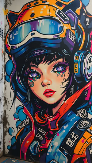 (masterpiece, high quality, 8K resolution),,A surreal sketchbook-style graffiti spray-painted on a flat area. Graffiti portrayal of a beautiful young woman. Mixed surrealism of Alice in the Wonderland and cyberpunk setting. Cruel, full of drama and tragedy, tension and suspense. A mix of comics and anime in a street art format, where every element is carefully executed, an amazing combination of colors and tones in a colorful and dark palette create a unique picture of superhero madness. graffiStyle,ct-identity