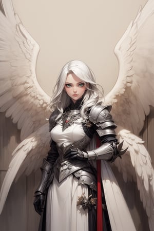 ppcp, (masterpiece, best quality, artwork), (extremely detailed 8K picture, absurdes, 8k resolution), (symmetry: 1.3), (female angel \Kayle\). six ultra detailed huge wings, fly in the air, casual clothes,fantasy background, armor,highres,1 line drawing