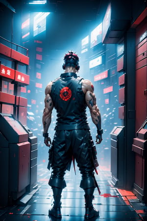 8k, ((best quality)), ((masterpiece)), high_res, anime style,
Cyberpunk style. Behind view. Upper bode. 
Ruin bar. Blood on the floor and the walls, Lonely muscular man stand in center bar with exhausted pose. He wears t-shirt, breeches and sneakers, He holds cyberkatana. His body is in blood.
,cyberpunk style,BloodOnScreen,cyberpunk