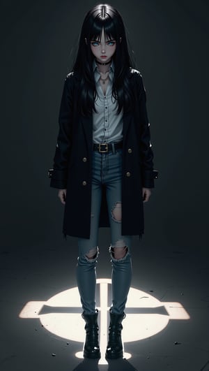 A striking anime portrait of a beautiful young woman with long black hair and pale blue eyes, dressed in a dusty black coat, dirt white shirt and and worn jeans. Set in a dark room, a cross-shaped light illuminate a floor, she's standing at the base the resulting big cross on the floor, casting soft shadows. The minimalist style highlights intricate details of her gothic makeup and clothing, evoking a somber atmosphere filled with religious symbolism and muted dark tones. High angle, Shot with Leica M10 Monochrom, 50mm lens, f/2.0, 1/250s.,FluxGothicRealnime,Anime Style,