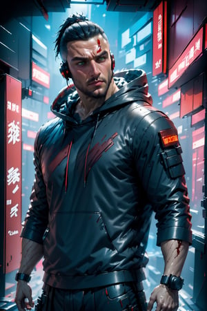 8k, ((best quality)), ((masterpiece)), high_res, anime style,
Cyberpunk style. Behind view. Upper body.
Ruin bar. Blood on the floor and the walls, Beard on his face. Lonely muscular man stand in center bar with exhausted pose. He wears hoodie, breeches and sneakers, He holds cyberkatana. His body is in blood.
,cyberpunk style,BloodOnScreen,cyberpunk