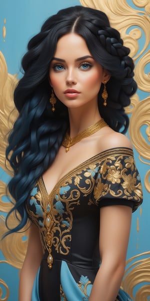 masterpiece, high quality, artwork, surrealism, abstract, absurdes, (full-body_portrait of beautiful woman:1.5), black hair, braids, blue eyes, black dress with gold intricate ornament, pastel colors, oil painted, atrgerm, trending on ArtStation 