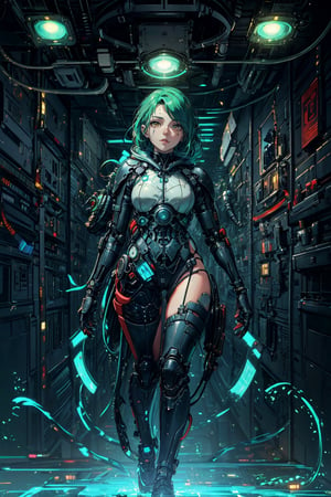 (masterpiece, best quality, official art), (extremely detailed CG unity 8k wallpaper, absurdres, 8k resolution), high quality, 8K, HDR, (retro-futuristic:1.5), 1girl, solo, green hair, perfect figure, below view