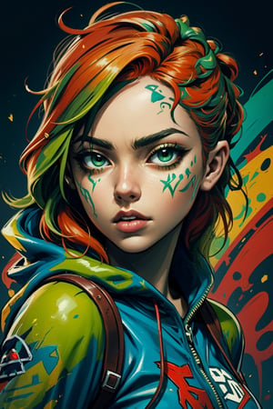 2D, (Zayra \League of Legend\, middle close up, solo: 1.5), casual outfit, vibrant, detailed, close up, very attractive, show tongue, sport figure, abstract, masterpiece, high quality, , (blended red and green hair:1.3), bright blue eyes, splatoon colors, dynamic pose, graffitiStyle,highres