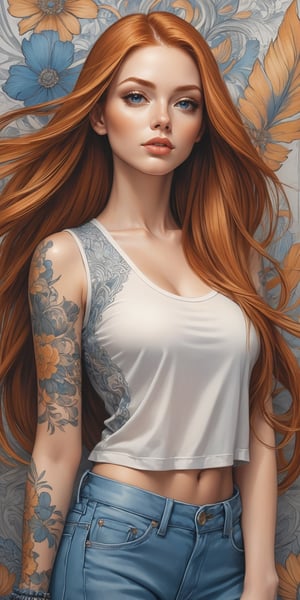 masterpiece, high quality, ultra detailed, sharp focus, breathtakingly beautiful woman as a center of composition, long ginger hair, straight parting, symmetrical styling, crop top with intricate design, tattoes sleeve. slimfit jeans, sneakers, urban style background, ultra detailed background, picture should be done in handpainted style /merge drawing techniques of pencils, ink and aerosol colors/, trending on social media and fashion magazines, side view, posing, fashion grunge photoshot style,score_9,score_8_up,score_7_up,score_6_up,score_5_up,score_4_up,source_anime,niji5