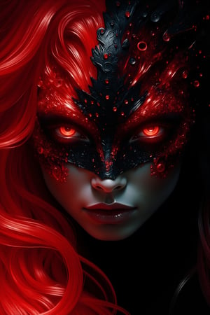 (masterpiece, the highest quality, ultra-high resolution).
Close-up portrait of a stunningly beautiful woman. Delightful and expressive eyes with a complex pattern on the irises, which makes her look hypnotically mesmerizing. Wavy red hair, reminiscent of a neon flame, gently touches her shoulders. A porcelain face mask of amazingly precise work, imitating an otherworldly creature, evoking a feeling of attraction and danger. Complex patterns on the mask refer to Japanese culture in the realities of the cyberpunk world. Dark neon background (black and red), made in a minimalist style, makes the picture an amazing mixture of cyber futurism and traditional culture. ct-cromstyle,crystalz,Crystal,Fantasy,Magic crystal,