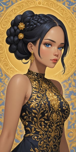 masterpiece, high quality, artwork, surrealism, abstract, absurdes, (upper_body_portrait of beautiful woman:1.5), black hair, braids, blue eyes, (black dress with gold intricate ornament:1.5), (intricate ornamental background with red and blue colors:1.2), perfect breast, pastel colors, oil painted, atrgerm, trending on ArtStation ,ANIME
