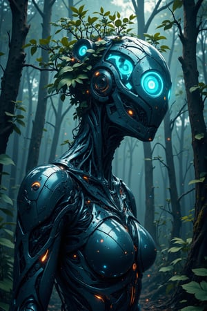 (masterpiece, high quality, 8K resolution). 
An extremely detailed anime illustration that combines a dystopian setting and supernatural creatures.
The center of the composition is a dryad in a world where there is no vegetation left. The forests have become mechanical and the dryad has become the keeper of one of these forests.
The dryad's appearance is completely cybernetic, but visually the metal resembles chrome-colored tree bark.
The background is a metal forest, cloudy weather, natural lighting.
Cool tones and matte drawing refer to the anime style of the 90s, and the overall style is inspired by the anime Attack on Titan. The composition is sensual and beautiful, filled with mysticism and drama. The tragedy of a world that has forgotten its roots.,cyberNature