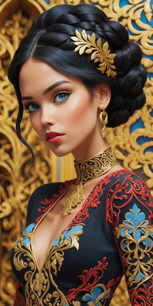 masterpiece, high quality, artwork, surrealism, abstract, absurdes, (upper_body_portrait of beautiful woman:1.5), black hair, braids, blue eyes, (black dress with gold intricate ornament:1.5), (intricate ornamental background with red and blue colors:1.2), perfect breast, pastel colors, oil painted, atrgerm, trending on ArtStation 