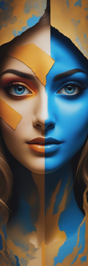 let's create abstract picture about duality of society behavior and hypocrism of human's attitude. Do it through mapping close up portrait of amazingly beautiful woman, half of her face should cover the mask with smile and bright blue eye \bright and vibrant\, other side of her face should be emotionless and with dark mate blue eye \dramatic and dark\, masterpiece, artwork, high quality, very detailed, abstract, surrealism, symbolism, ,Leonardo Style,Leonardo,skpleonardostyle